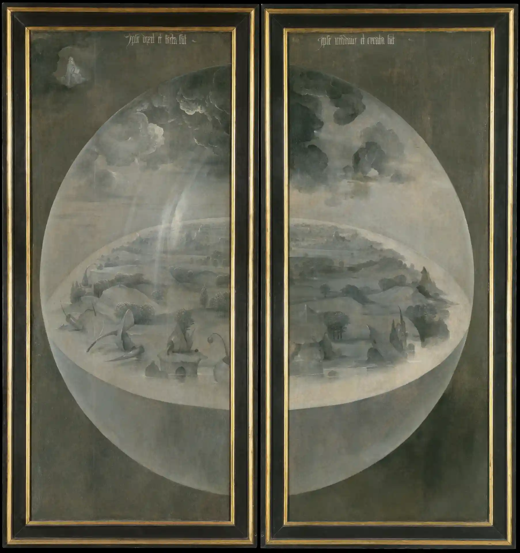 Tríptico del Jardín de las delicias (anverso), 1490 - 1500. Grisalla, Óleo sobre tabla de madera de roble.