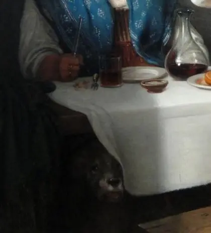 Detalle del perro bajo la mesa en la obra de Marstrand