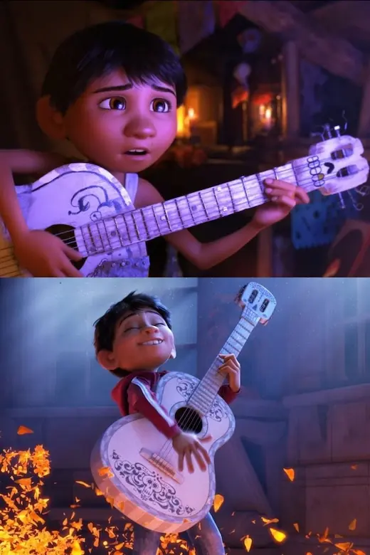 Arriba, Miguel con la guitarra que él mismo diseña; abajo, Coco con la guitarra real en el cementerio. Arriba, Miguel con la guitarra que él mismo diseña; abajo, Coco con la guitarra real en el cementerio.