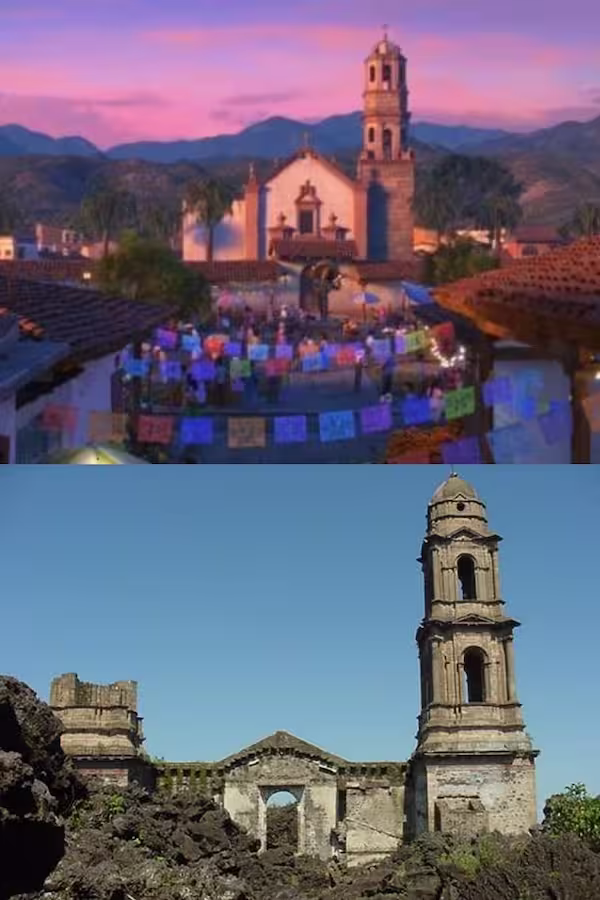 Arriba, iglesia de Santa Cecilia; abajo, iglesia de San Juan Parangaricutiro Arriba, iglesia de Santa Cecilia; abajo, iglesia de San Juan Parangaricutiro