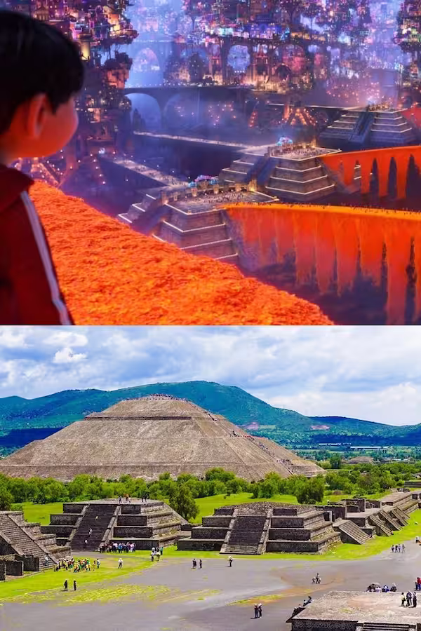 Arriba, Coco ve por primera vez la Tierra de los Muertos; abajo, fotografía de las pirámides de Teotihuacán Arriba, Coco ve por primera vez la Tierra de los Muertos; abajo, fotografía de las pirámides de Teotihuacán