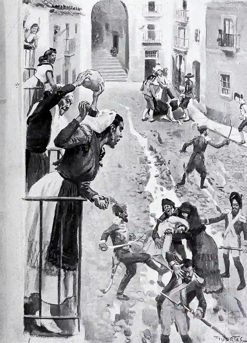 «El dos de mayo en Madrid. Escenas en la calle de Cuchilleros». Ilustración de Huertas en el número del 2 de mayo de 1908 de la revista Blanco y Negro «El dos de mayo en Madrid. Escenas en la calle de Cuchilleros». Ilustración de Huertas en el número del 2 de mayo de 1908 de la revista Blanco y Negro